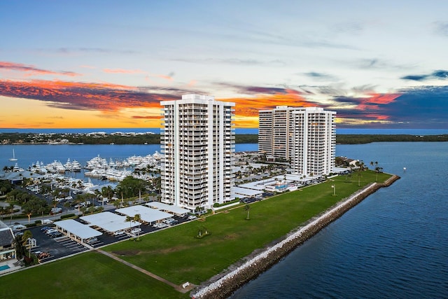 outdoor building at dusk with a water view