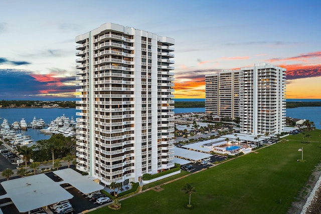 view of building exterior featuring a water view