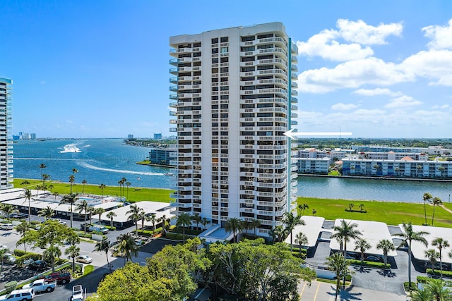 view of building exterior featuring a water view