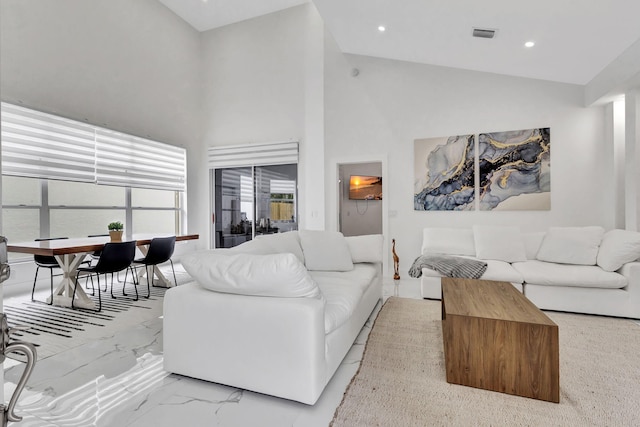 living room featuring high vaulted ceiling