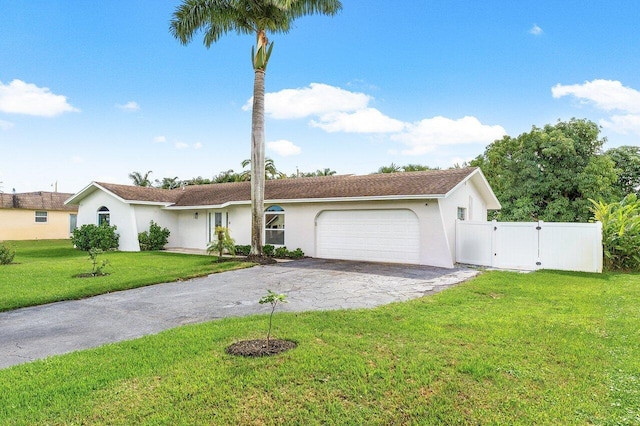 ranch-style house with a garage and a front yard