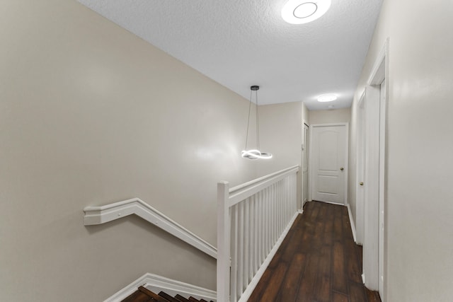 hall with a textured ceiling and dark hardwood / wood-style floors