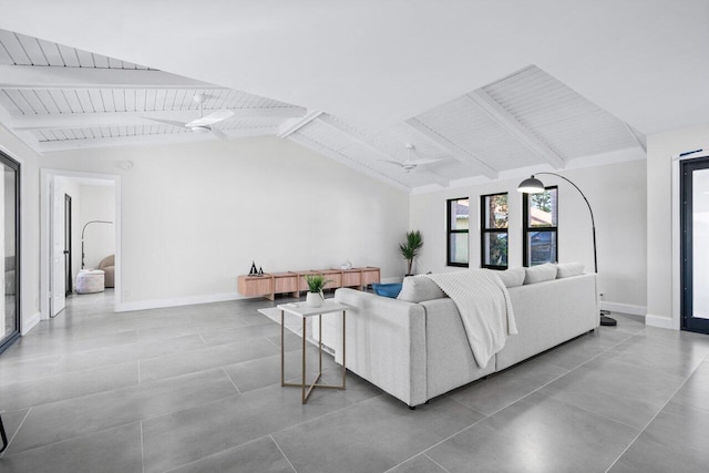 living room featuring wooden ceiling and vaulted ceiling with beams