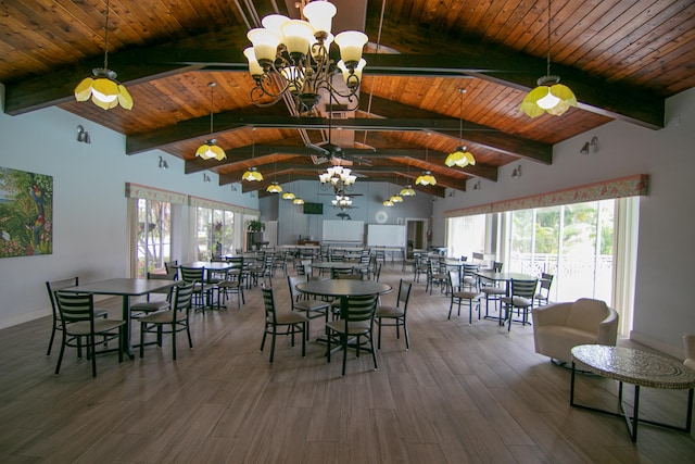 dining area featuring hardwood / wood-style flooring, high vaulted ceiling, and wood ceiling