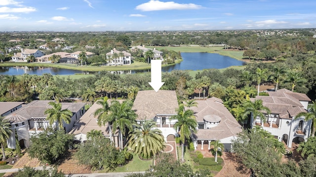 drone / aerial view with a water view