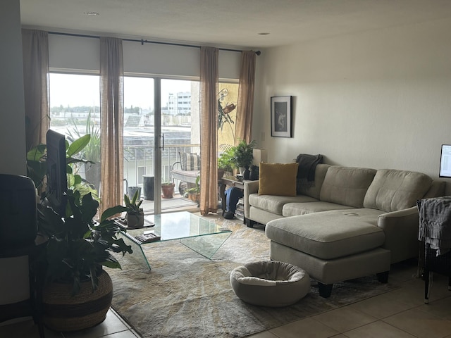 living room with tile patterned floors