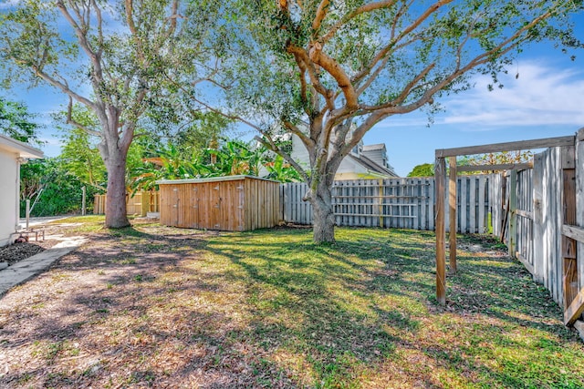 view of yard featuring a storage shed