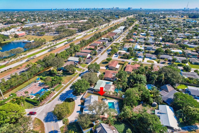 aerial view featuring a water view