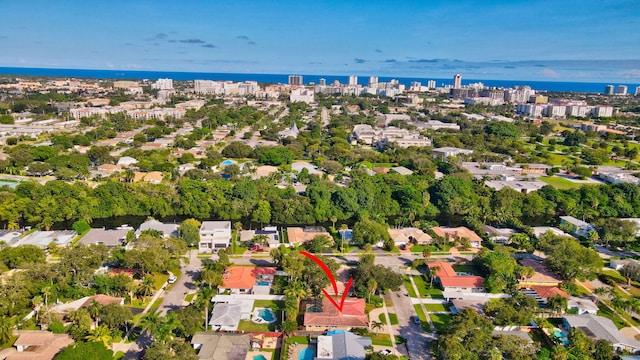 drone / aerial view featuring a water view