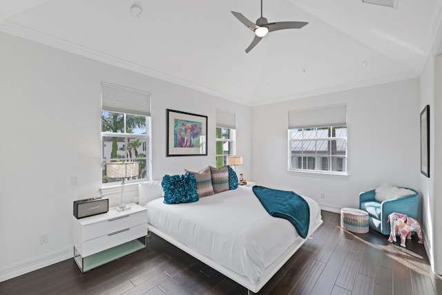 bedroom with ornamental molding, dark hardwood / wood-style floors, ceiling fan, and lofted ceiling