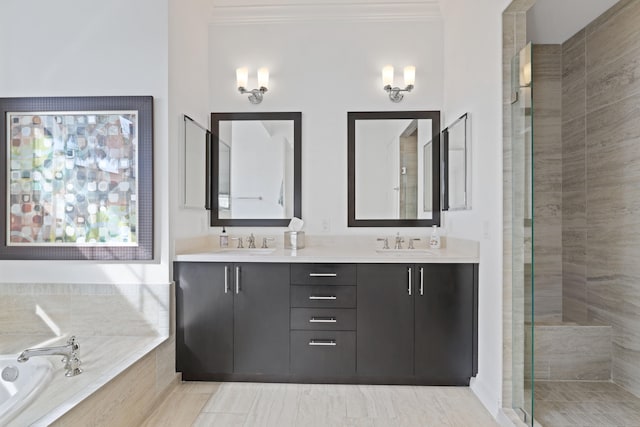 bathroom with vanity, ornamental molding, and plus walk in shower