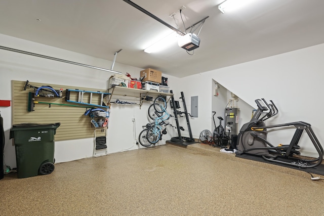 garage with electric panel, electric water heater, and a garage door opener