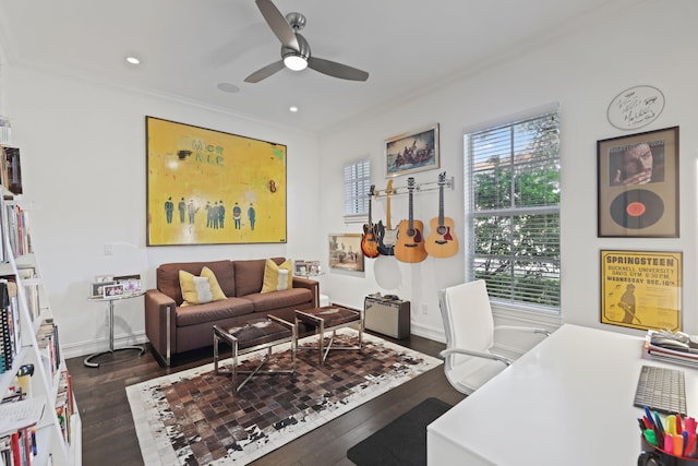 living room featuring ceiling fan, dark hardwood / wood-style flooring, and crown molding