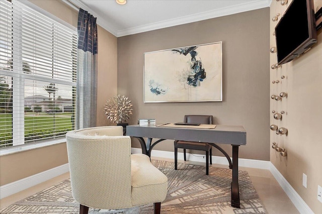 office area featuring baseboards and ornamental molding