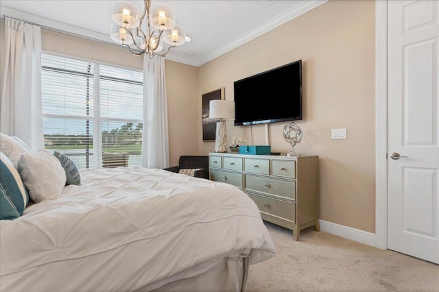 carpeted bedroom with crown molding and a notable chandelier