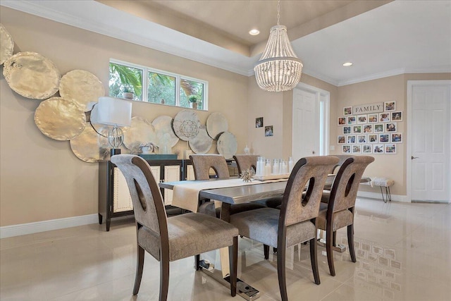 dining space featuring a chandelier, light tile patterned flooring, recessed lighting, baseboards, and crown molding