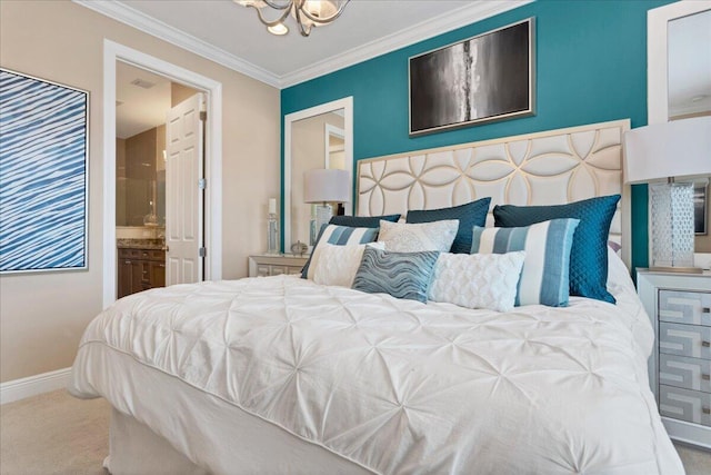 carpeted bedroom with a chandelier, visible vents, baseboards, ensuite bath, and crown molding