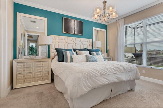 bedroom featuring carpet floors, multiple windows, crown molding, and visible vents