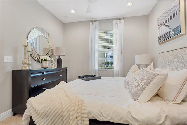 bedroom with baseboards, carpet flooring, and recessed lighting