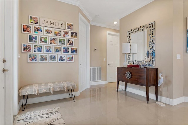 interior space with ornamental molding, recessed lighting, visible vents, and baseboards