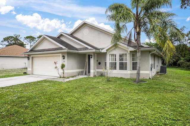 ranch-style home featuring central air condition unit, a front yard, and a garage