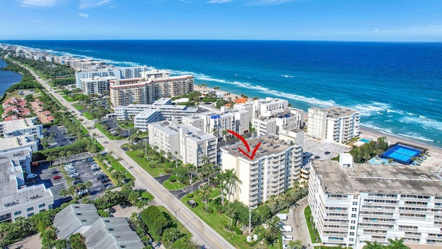 bird's eye view with a water view