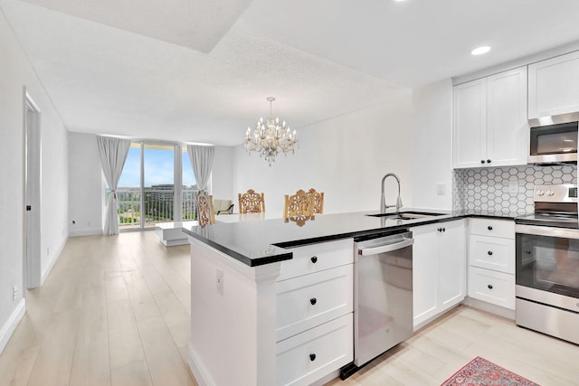 kitchen with appliances with stainless steel finishes, white cabinets, backsplash, a sink, and a peninsula