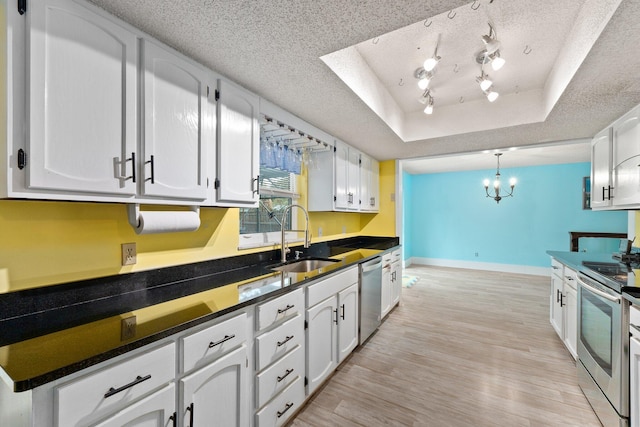 kitchen with a tray ceiling, stainless steel appliances, and white cabinets