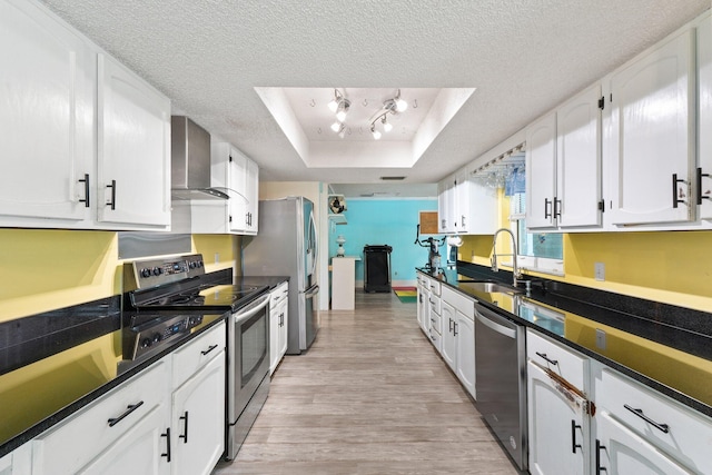 kitchen featuring appliances with stainless steel finishes, a raised ceiling, sink, white cabinets, and wall chimney exhaust hood