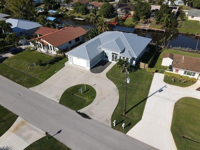 drone / aerial view featuring a water view