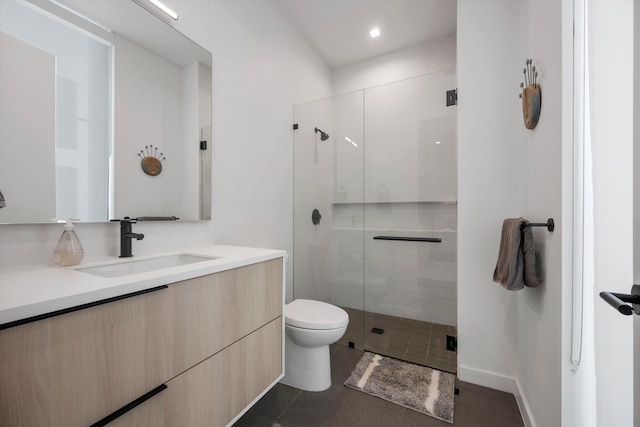 bathroom featuring walk in shower, vanity, and toilet