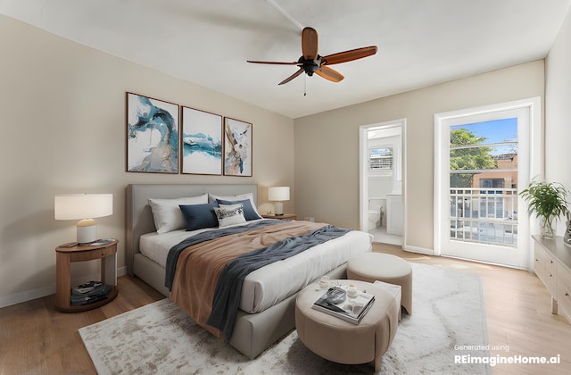 bedroom featuring ceiling fan, light wood-type flooring, access to outside, and ensuite bath