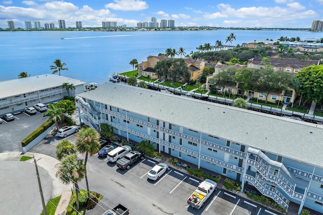 bird's eye view with a water view