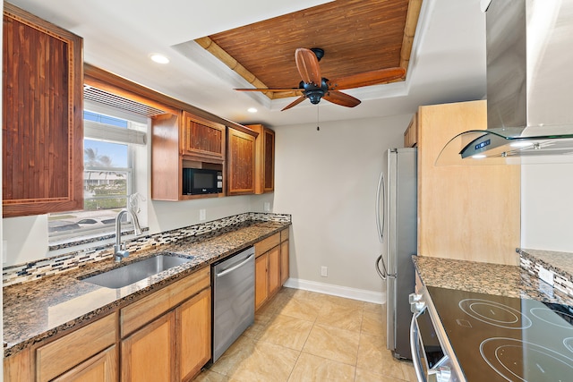 kitchen featuring a tray ceiling, sink, wall chimney exhaust hood, and appliances with stainless steel finishes