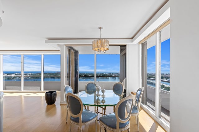 dining room featuring an inviting chandelier, hardwood / wood-style flooring, a wealth of natural light, and a water view