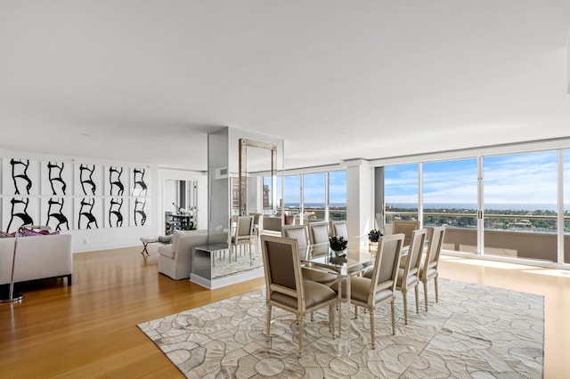 dining space with light hardwood / wood-style flooring and floor to ceiling windows