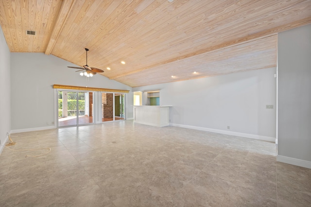 unfurnished living room featuring vaulted ceiling with beams, ceiling fan, and wood ceiling