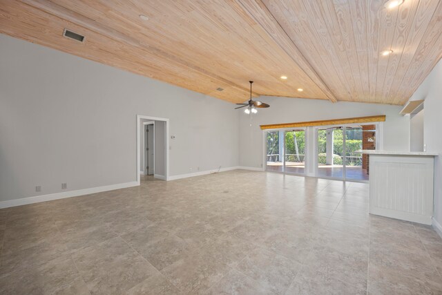 unfurnished living room with vaulted ceiling with beams, ceiling fan, and wood ceiling