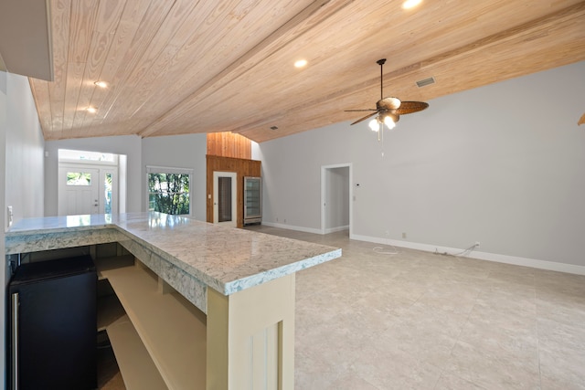 kitchen featuring wood ceiling, lofted ceiling, and ceiling fan