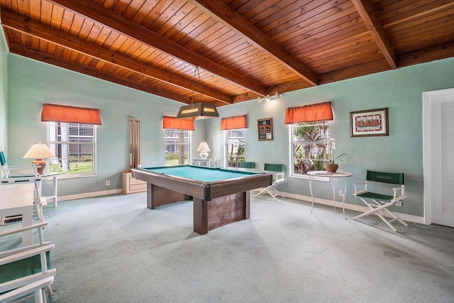 game room featuring beamed ceiling, wooden ceiling, light carpet, and a wealth of natural light