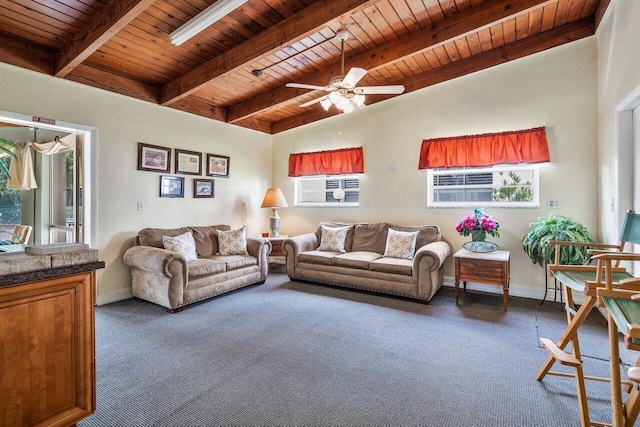 carpeted living room featuring beamed ceiling, ceiling fan, and wooden ceiling