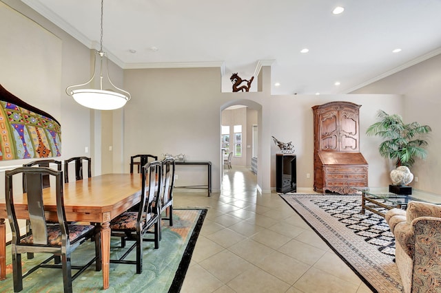 tiled dining area with crown molding