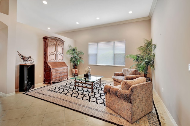 living room with light tile patterned floors and ornamental molding