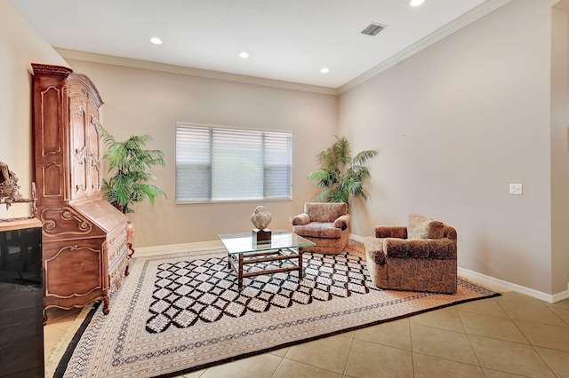 sitting room with light tile patterned flooring and crown molding