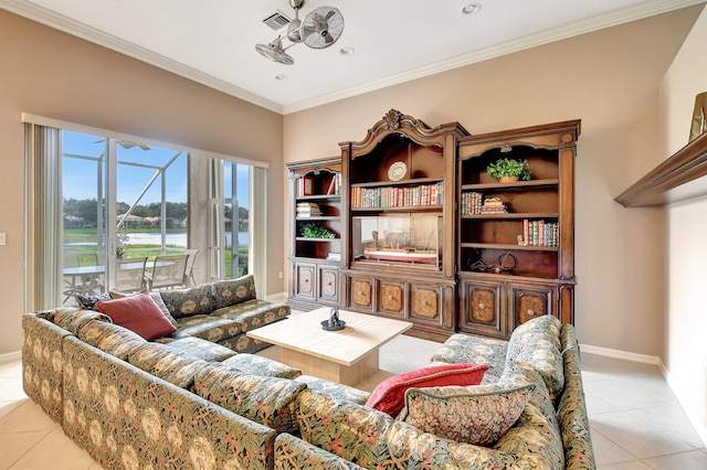 living room featuring light tile patterned floors and ornamental molding