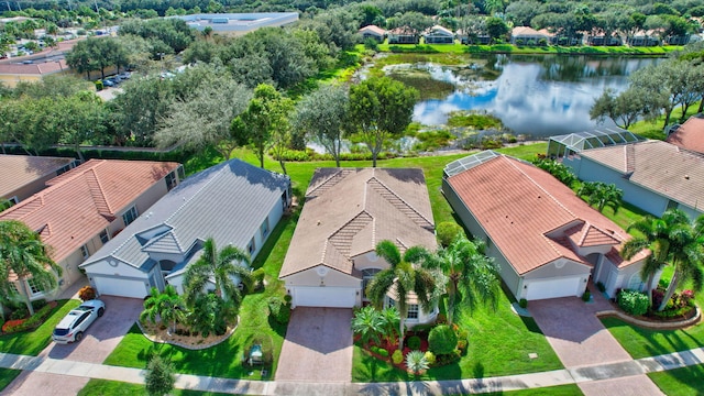 drone / aerial view featuring a water view