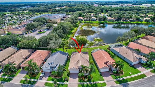 aerial view featuring a water view