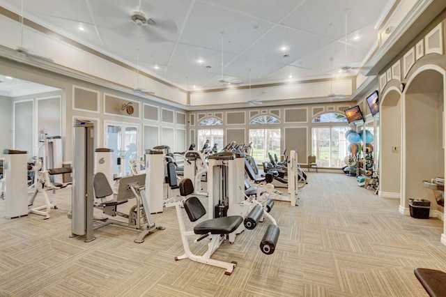 exercise room with crown molding, light carpet, and a high ceiling