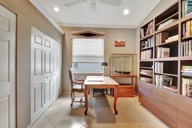 office space with crown molding, light tile patterned floors, and ceiling fan