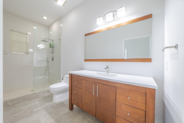 bathroom featuring vanity, toilet, and walk in shower